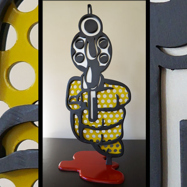 yellow-hold-up sculpture popart en acier et aluminium