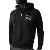 Veste zippe, double de fausse fourrure, avec capuche.
